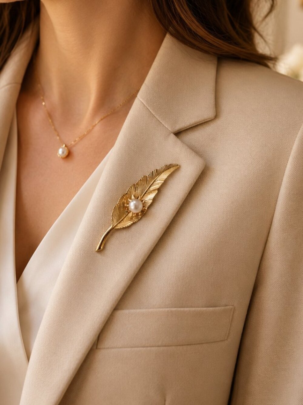 Vintage Gold Leaf Pearl Brooch Mid Century Botanical Pin 1960s